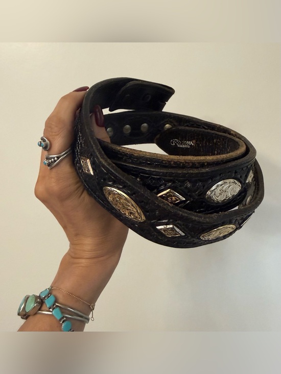 Nocona Accessories - Black Nocona Top Grain Cowhide Leather Concho Belt Silver Tone Metal size 50